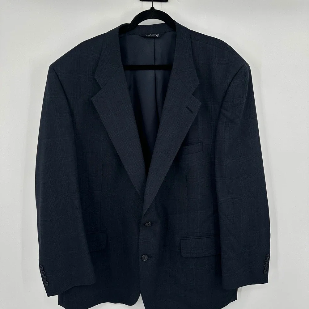 Vintage Burberrys Mens Navy Plaid Blazer‎ Suit Jacket Sport Coat Wool Old Money